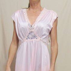 Olga Nylon Long Pink Nighgown V Neckline, Trim In White Lace, Bust 18 X2 Lenght 53 Pink Satin Nightgown For Night, Pink V-neck Nightgown With Lace Trim, Pink Satin V-neck Sleepwear, Pink Sheer Sleepwear For Wedding Night, Sheer V-neck Nightgown For Sleepover, Pink V-neck Sleepwear For Wedding Night, Pink Sheer V-neck Sleepwear, Sheer Pink V-neck Sleepwear, Sheer Pink Nightgown For Night