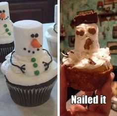 cupcakes decorated with frosting and snowmen are shown in three different pictures