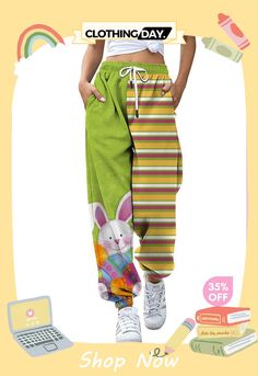 Lovely Cartoon Bunny Printed Easter Trendy Women's Pants