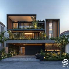 an apartment building with plants growing on the balconies