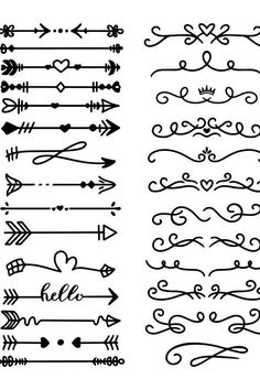 different hand drawn arrows and lines with hearts on the top one is black and white