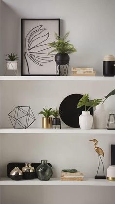 white shelves with plants and vases on them