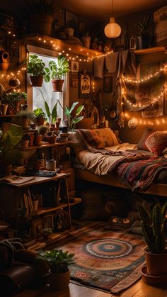 a bedroom with lots of plants and lights