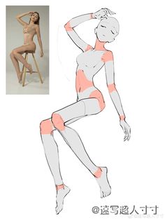 a woman sitting on top of a wooden chair next to a drawing of her legs