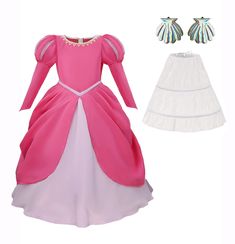 PRICES MAY VARY. This princess long dress include-One pink Meimaid costume,one white Bustle and one pair of Seashell earrings(Ear Clip,fit for everyone well) There are 4 sizes cover full range of the Ariel dress.Girl-100(Height:37-41Inch),Girl-110(Height:41-47Inch）,Girl-120(Height:47-51Inch)Girl-130(Height:51-55Inch) Great for Mermaid theme party,Birthday party,Halloween dress up,Photo shooting,Daily casual,Cosplay etc Washing for princess costume-it is recommended that it be hand washed or spot Pink Dress Costume, Mermaid Princess Dress, Ariel Pink Dress, Ariel Pink, Princess Costumes For Girls, Ariel Costume, Ariel Costumes, Little Mermaid Dresses, Dress Up Shoes