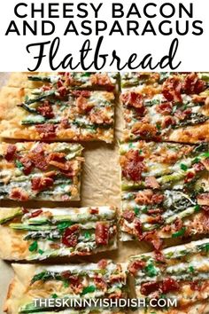 bacon and asparagus flatbread on a cutting board with the title text above it