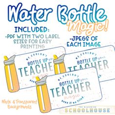 three water bottle magnets with labels on them for teachers to use in the classroom