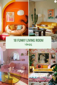 four different living rooms with colorful furniture and walls painted in bright orange, pink, yellow and green