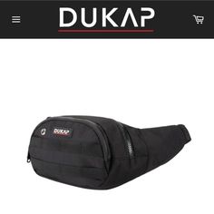 a black fanny bag with the words dukap on it and an image of a shopping