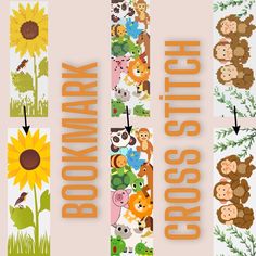 cross stitch bookmarks with animals and flowers on them, along with an arrow pointing to each other