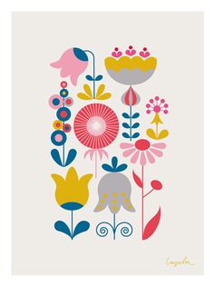 an art print with flowers and birds on it's back side in pink, blue, yellow and red