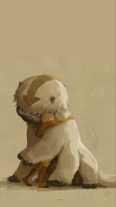 a painting of a dog holding a stuffed animal