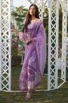 Purple kurta with all-over floral print, insert lace and scalloped lace borders on sleeves. Comes with matching pant, dupatta and inner. - Aza Fashions Traditional Purple Lawn Suit For Summer, Fitted Purple Lawn Suit For Summer, Floral Print Chanderi Palazzo Set, Fitted Purple Summer Lawn Suit, Purple Chikankari Embroidered Dupatta For Spring, Purple Chanderi Sets With Floral Embroidery, Floral Print Georgette Lawn Suit, Purple Floral Print Sets For Eid, Embroidered Purple Palazzo Set With Straight Kurta