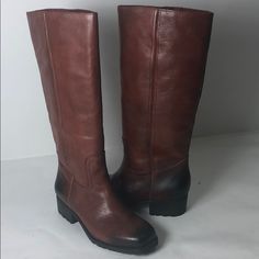 Lk-Aleid Color/Material: Dark Rust Rachel Leather Upper Manmade Lining-Sole Pull On Style Elastic Detail Approx. 15” Tall. 1 3/4” Heel Brown Low Heel Office Boots, Classic Brown Boots With Leather Trim, Brown Low Heel Boots For Office, Brown Flat Heel Boots For Office, Brown Leather Trim Boots For Fall, Medium Width Leather Boots For Fall, Brown Leather Boots For Fall, Casual Brown Calf Leather Boots, Brown Leather Trim Boots With Round Toe