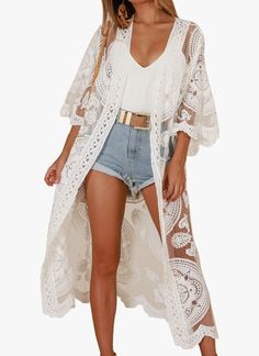 Inverted Triangle Body Shape: Capsule Wardrobe Lace Beach Dress, Boho Mode, Kimono Outfit, Long Beach Dress, Lace Kimono, Lace Jacket, Boho Kimono, Boho Lace, Kimono Cardigan