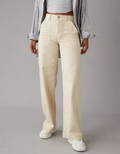 AE Dreamy Drape Stretch Super High-Waisted Baggy Wide-Leg Pant Cream Jeans, Cream Pants, White Linen Pants, American Eagle Jeans, American Eagle Outfitters Jeans, Pants Outfit, White Linen, Colored Jeans, Wide Leg Jeans