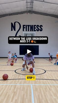 a group of children playing basketball in a gym with the words, 2 fitness between the legs