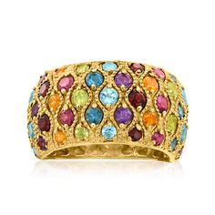 Ross-Simons - 2.60 ct. t. w. Multi-Gemstone Ring in 18kt Gold Over Sterling. Size 8. Wear the rainbow! This eye-catching ring features 2.60 ct. tot. gem wt. blue topaz, amethyst, citrine, garnet, peridot and rhodolite garnet with beaded details in polished 18kt yellow gold over sterling silver. 1/2" wide. Multi-gemstone ring. Garnet birthstones are the perfect gift for January birthdays. Peridot Color, Garnet Birthstone, Multi Gemstone Ring, Topaz Color, Peridot Stone, Fine Jewelery, Amethyst Color, Natural Gold, Citrine Stone