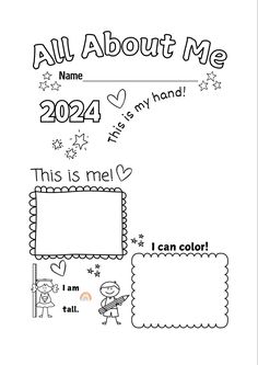 an adult coloring page with the words all about me and two children's pictures