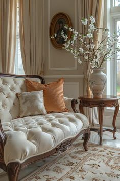 a living room filled with furniture and a vase full of flowers on top of a table