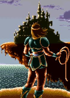 an old school video game with a woman in green and blue outfit standing on the beach