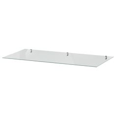 a glass shelf with two metal handles on the bottom and one in the middle, against a white background