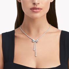 Tilda’s Bow Double Strand Round Diamond Necklace, White Gold | Graff Y Necklace Diamond, Diamond Bow Necklace, Chain With Diamonds, Round Diamond Necklace, Diamond Drop Pendant, Graff Diamonds, Diamond Drop Necklace, Necklace White Gold, Diamond Bows