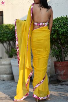 Yellow Georgette Saree, Saree Backless, Indian Sari Dress, Lace Saree, Orange Saree