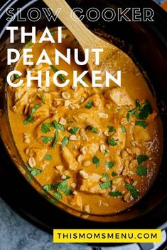 slow cooker thai peanut chicken with text overlay