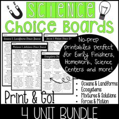 science choice boards for students to print and go with the text's name on it