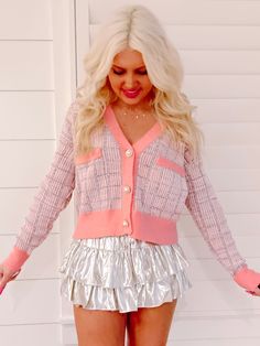 Haley Cardigan Sweater | Sassy Shortcake | sassyshortcake.com Chic Pink Button-up Sweater, Sassy Shortcake, Retro Photoshoot, Tweed Sweater, Tweed Cardigan, Fancy Fits, Pink Preppy, Orange Cardigan, Midsize Fashion