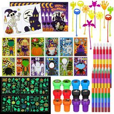 halloween party supplies including markers, stickers, and candy sticks are shown in this image