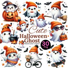 cute halloween ghost watercolor clipart set with pumpkins, bats and other items