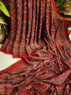 Madder Red Modal Silk Vegetable Dye Ajrakh Saree Tissue Pallu,stitched Readymade Blouse,fall,petticoat,available in USA & Worldwide - Etsy Maroon Saree, Readymade Blouse, Indian Outfit, Saree Look, Hand Designs, Petticoat