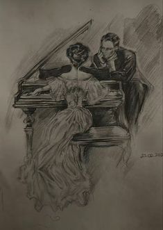 a drawing of a man and woman sitting at a piano