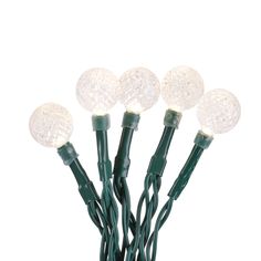 christmas lights with green wire and white bulbs are on a white background, which is also used as a decoration