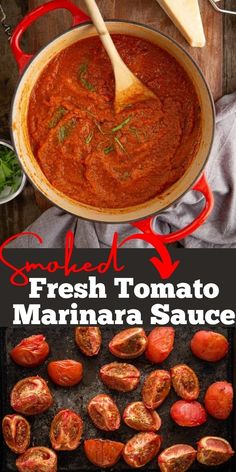 fresh tomato marinara sauce in a red pan with spoon