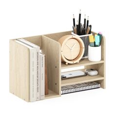 a wooden desk organizer with books, pens and pencils