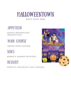 halloween town movie night menu with pumpkins, cookies and an advertisement for the movie