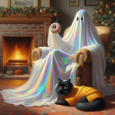 a black cat wearing a yellow sweater sitting in front of a ghost with a donut