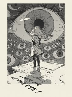 a drawing of a woman standing in front of an eye