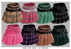 many different colored plaid skirts with black buckles and bows on the belted waist