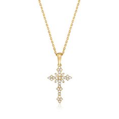 Ross-Simons - .25ct t.w. Diamond Cross Pendant Necklace Over Sterling. 16". This embellished cross pendant sparkles with .25 ct. t.w. baguette and round brilliant-cut diamonds. Perfect for special occasions or everyday wear! Crafted in polished 18kt yellow gold over sterling silver. Suspends from a cable chain with a 2" extender. Springring clasp, diamond cross pendant necklace. Diamond birthstones are the perfect gift for April birthdays. Cross Pendant Necklace Woman, Diamond Cross Earrings, Pendant Necklace Diamond, Diamond Cross Necklace Gold, Cross Necklace Women, Diamond Birthstone, Gold Cross Necklace, Gold Cross Pendant, Diamond Cross Pendants