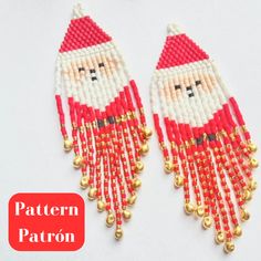 two red and white beaded santa claus earrings with gold bells on each earring