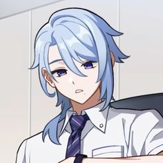 an anime character with blue hair wearing a white shirt and tie, looking at the camera