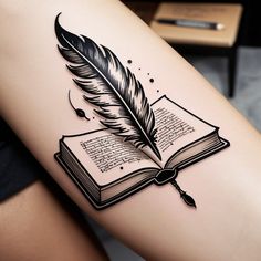 a woman's arm with a book and a feather tattoo on her left leg