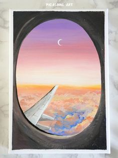 a painting of an airplane window with the moon in the sky and clouds below it