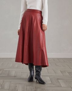 Natural leather midi circle skirt The refined natural leather reinterprets the classic style of this Circle Midi skirt in a contemporary way. The polished leather enhances the season’s colors and is paired with a relaxed, slightly flared silhouette, creating a sophisticated design contrast. The Midi length highlights the skirt’s feminine nature. Relaxed Flared Leather Skirt, Fall Leather Flared Skirt, Leather Flared Skirt For Fall, Leather Midi Skirt With Lining, Leather Lined Midi Skirt, Chic Leather Flared Skirt, Formal Leather Flared Skirt, Formal Flared Leather Skirt, Spring Leather Midi Skirt