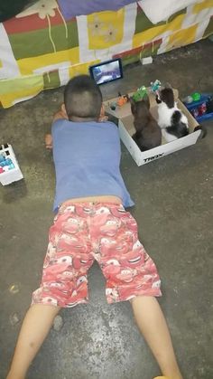 a young boy laying on the ground next to a dog in a box with toys