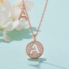 "Metal : S925 Silver with Rose Gold Plated Main pendant Size: 13MM Secondery Stone : Moissanite Diamond Stone type : Lab Grown Stone Shape : Round Brilliant Stone Size : 40pcs of moissanite gemstone with 0.23ct per Stone Cut : Excellent Color : D Clarity : VVS1 Finish: High Polished Chain length: 45CM (17.7 Inch) Nickel Free, Lead Free Guarantee High Quality \"Discover the epitome of timeless elegance with our S925 Silver and Rose Gold Plated Letter Moissanite Necklace. Crafted with precision and passion, this exquisite piece seamlessly blends classic design with modern luxury. Our necklace features a delicate and radiant S925 silver chain that gracefully cradles a meticulously crafted letter pendant. The pendant, plated with lustrous rose gold, adds a warm and enchanting touch to this alr Dainty Pendant Necklace, Moissanite Necklace, Types Of Diamonds, Dainty Pendant, Jewelry Images, Letter Pendants, Round Pendant, A Letter, Chain Link Necklace